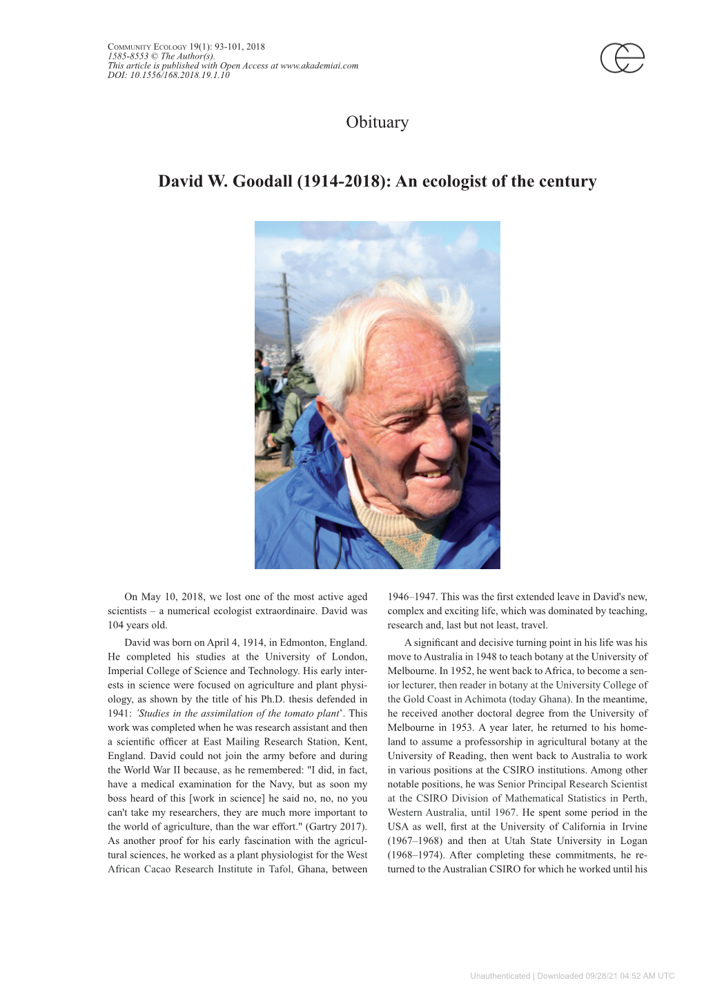 Obituary David W. Goodall