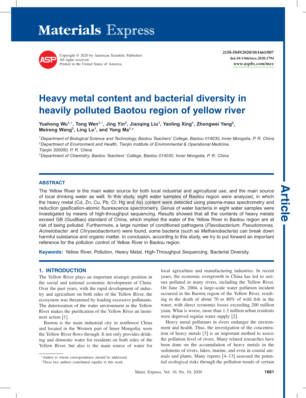 Heavy Metal Content and Bacterial Diversity in Heavily Polluted Baotou Region of Yellow River