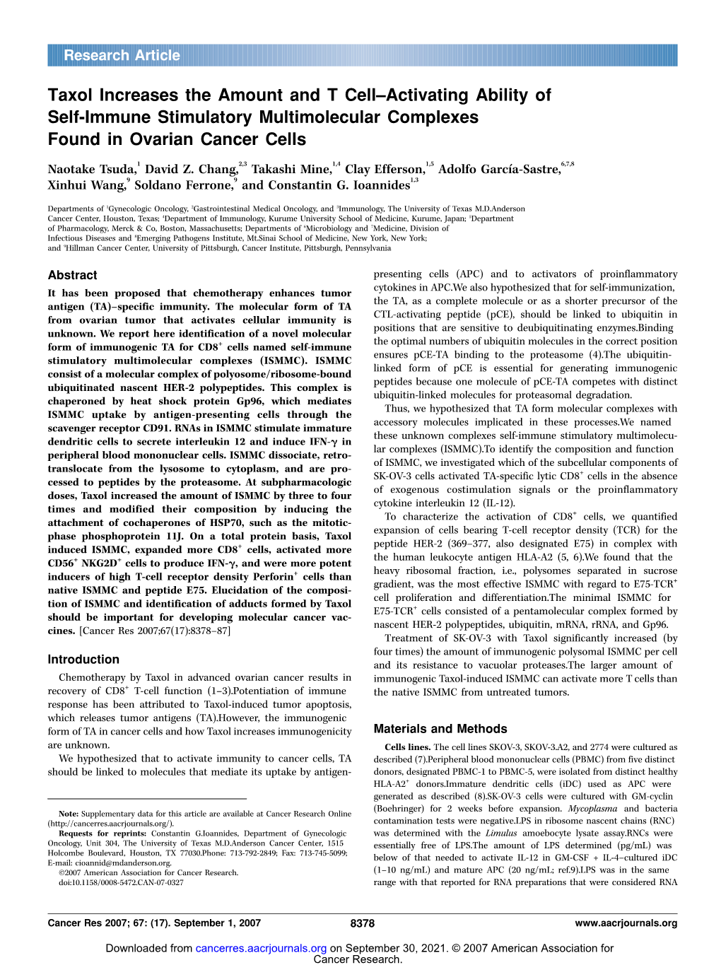 Taxol Increases the Amount and T Cell–Activating Ability of Self-Immune Stimulatory Multimolecular Complexes Found in Ovarian Cancer Cells