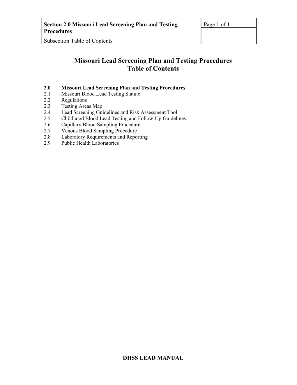 Missouri Lead Screening Plan and Testing Procedures