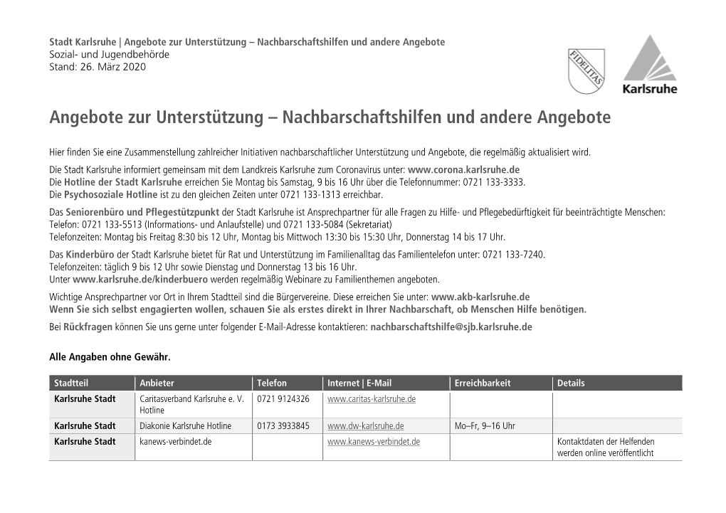 Angebote Zur Unterstützung – Nachbarschaftshilfen Und Andere Angebote Sozial- Und Jugendbehörde Stand: 26