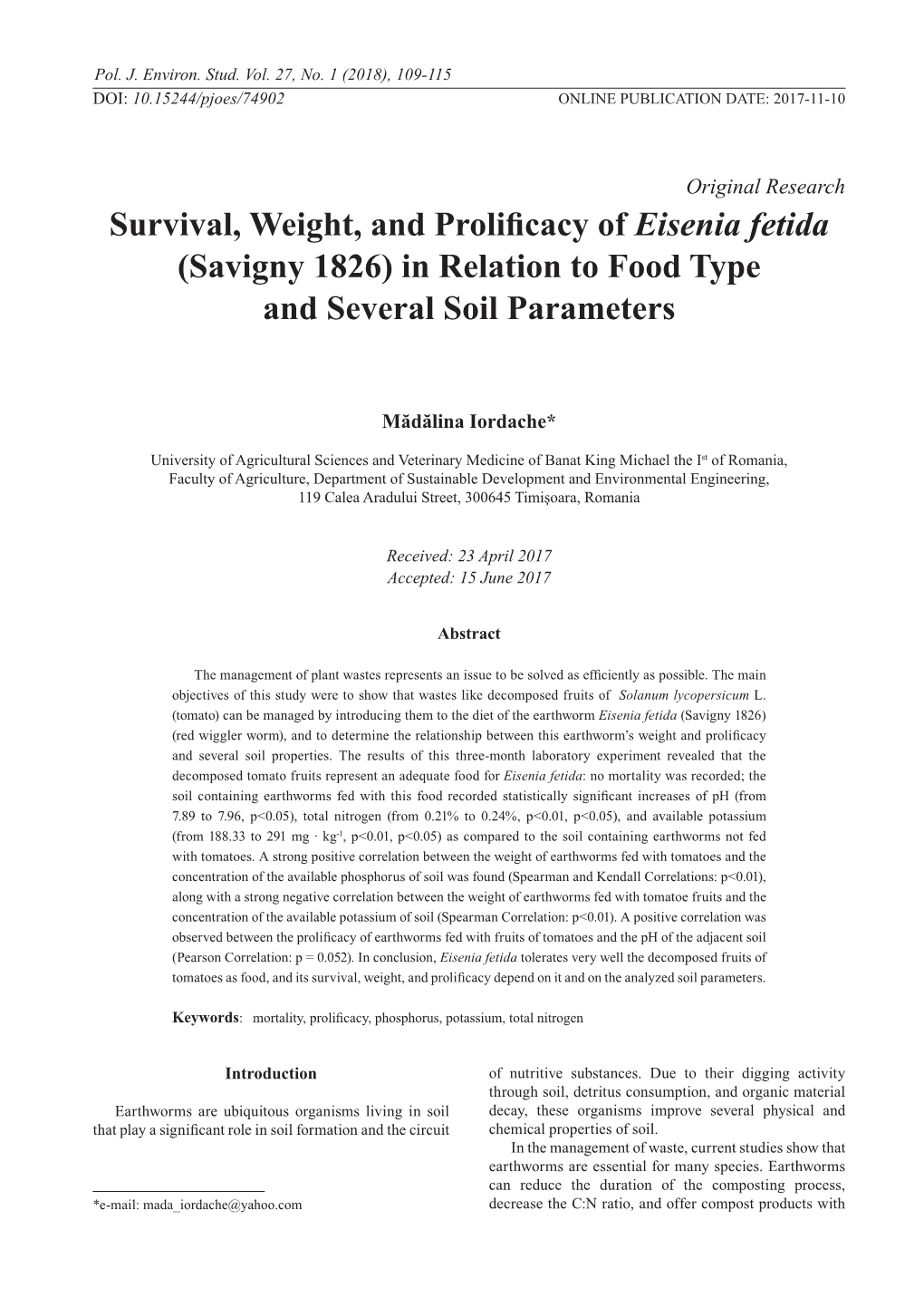 Survival, Weight, and Prolificacy of Eisenia Fetida