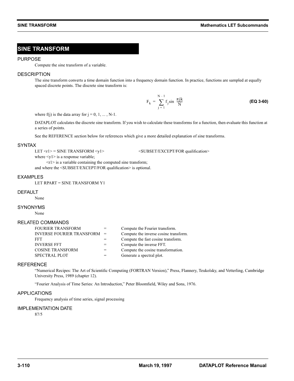 SINE TRANSFORM Mathematics LET Subcommands