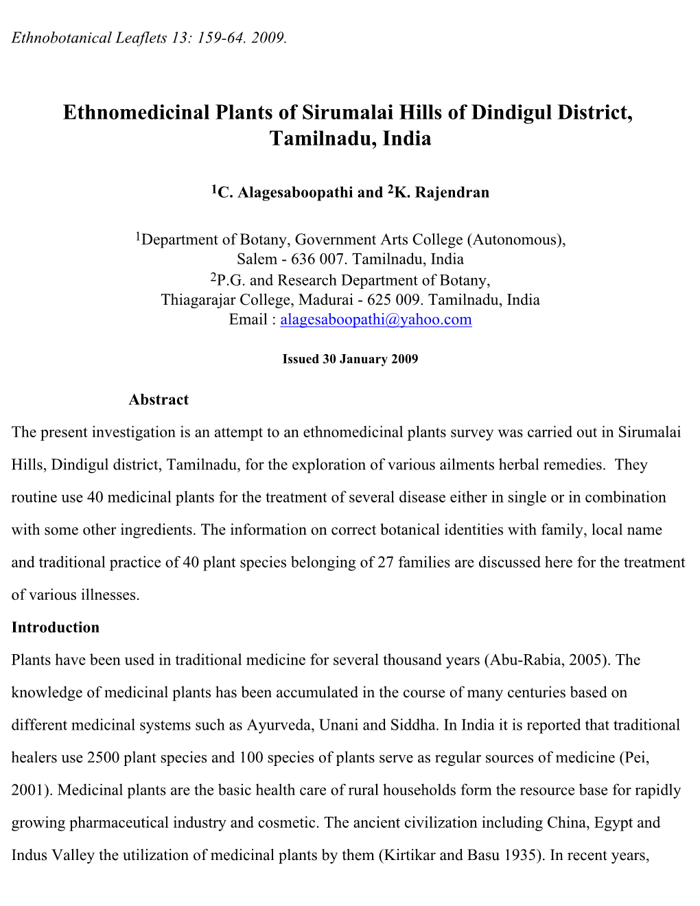 Ethnomedicinal Plants of Sirumalai Hills of Dindigul District, Tamilnadu, India