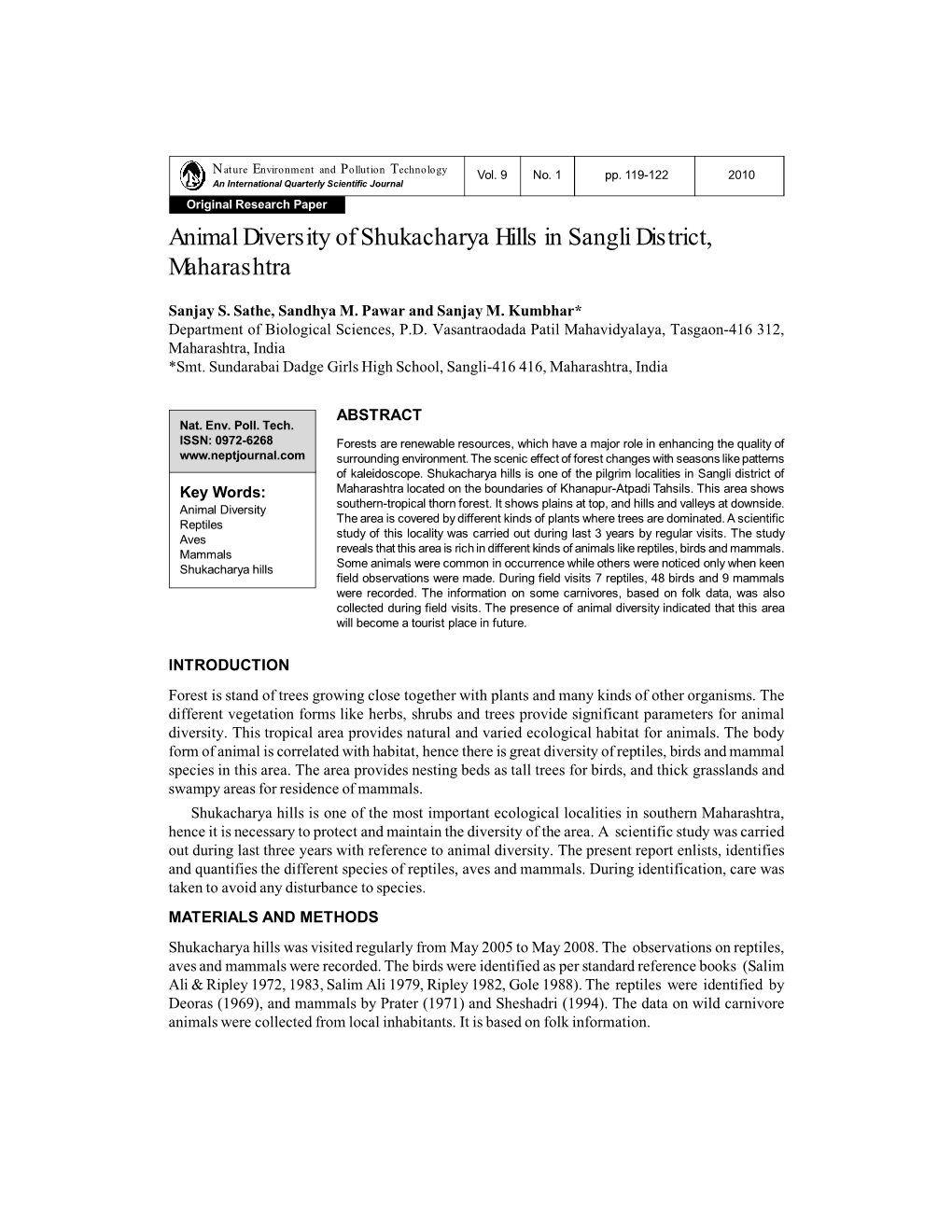 Animal Diversity of Shukacharya Hills in Sangli District, Maharashtra