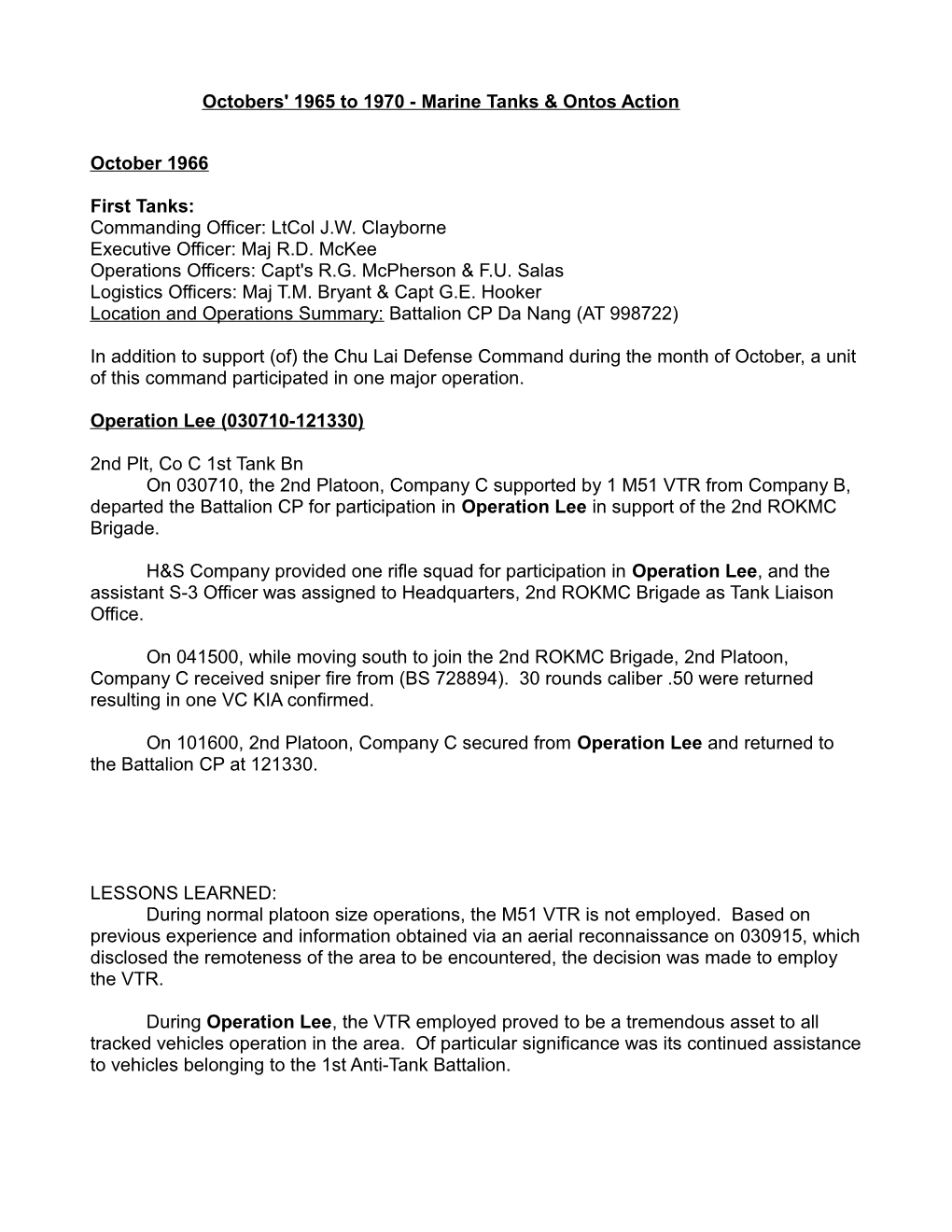 Octobers' 1965 to 1970 - Marine Tanks & Ontos Action