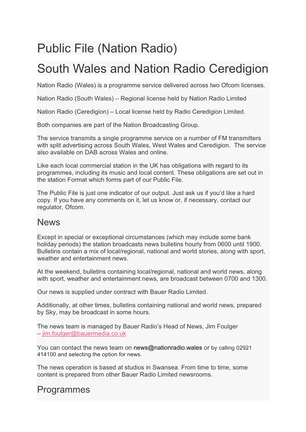 Public File (Nation Radio) South Wales and Nation Radio Ceredigion