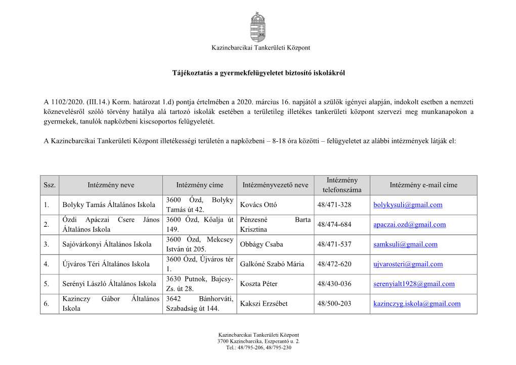 Kazincbarcikai TK Gyermekfelugyelet