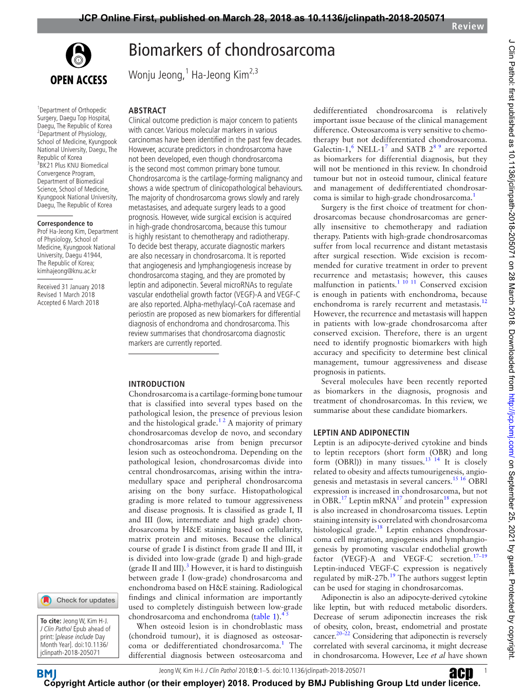 Biomarkers of Chondrosarcoma Wonju Jeong,1 Ha-Jeong Kim2,3