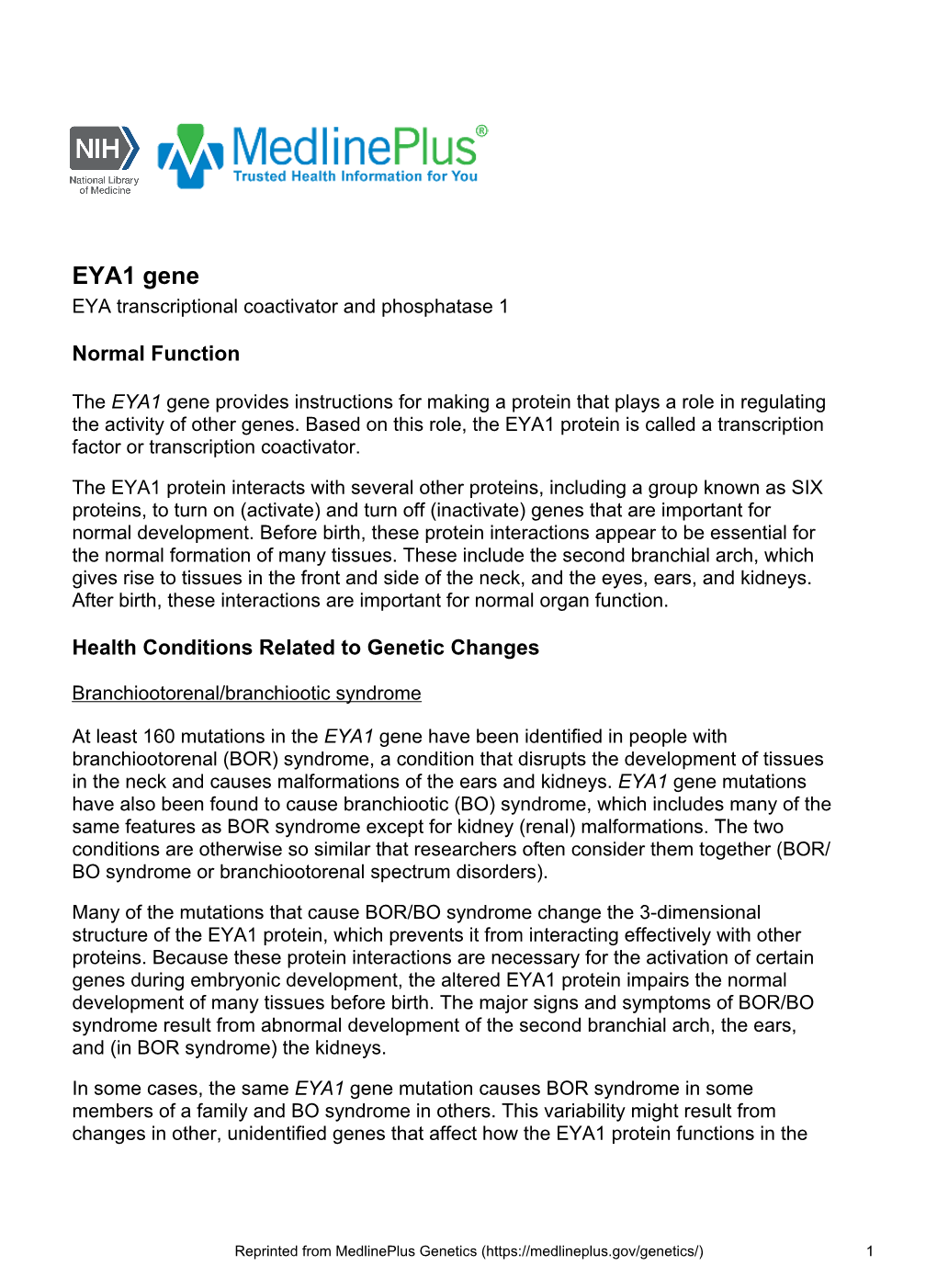 EYA1 Gene EYA Transcriptional Coactivator and Phosphatase 1