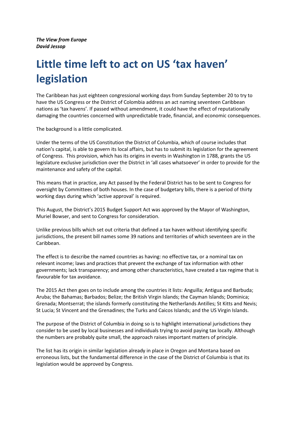 Little Time Left to Act on US 'Tax Haven' Legislation