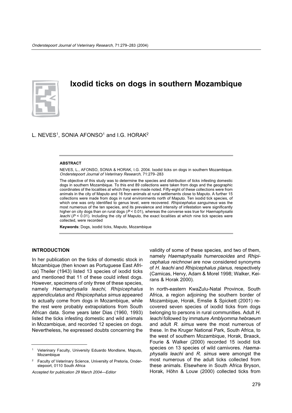Ixodid Ticks on Dogs in Southern Mozambique