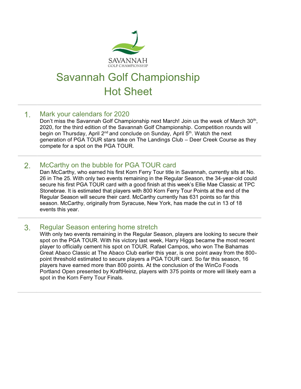 Savannah Golf Championship Hot Sheet