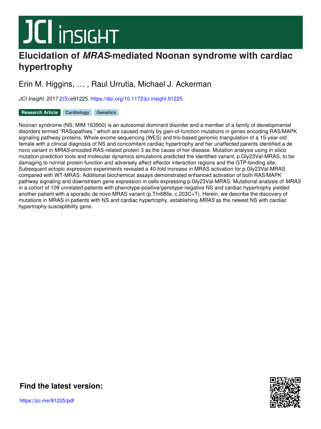 Elucidation of MRAS-Mediated Noonan Syndrome with Cardiac Hypertrophy