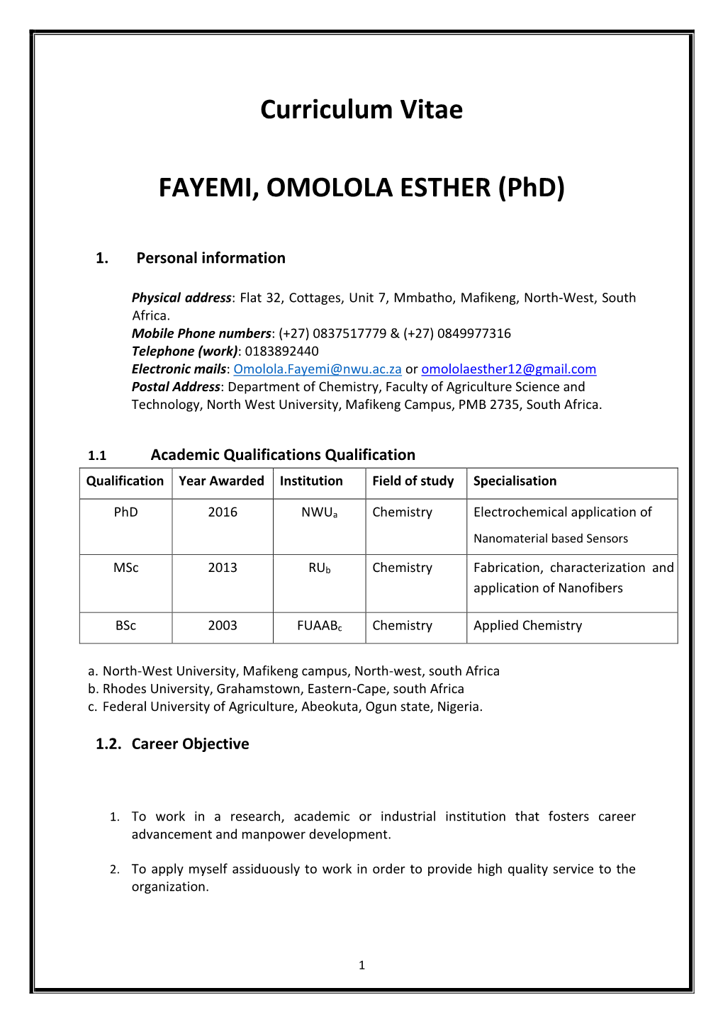 Curriculum Vitae FAYEMI, OMOLOLA ESTHER