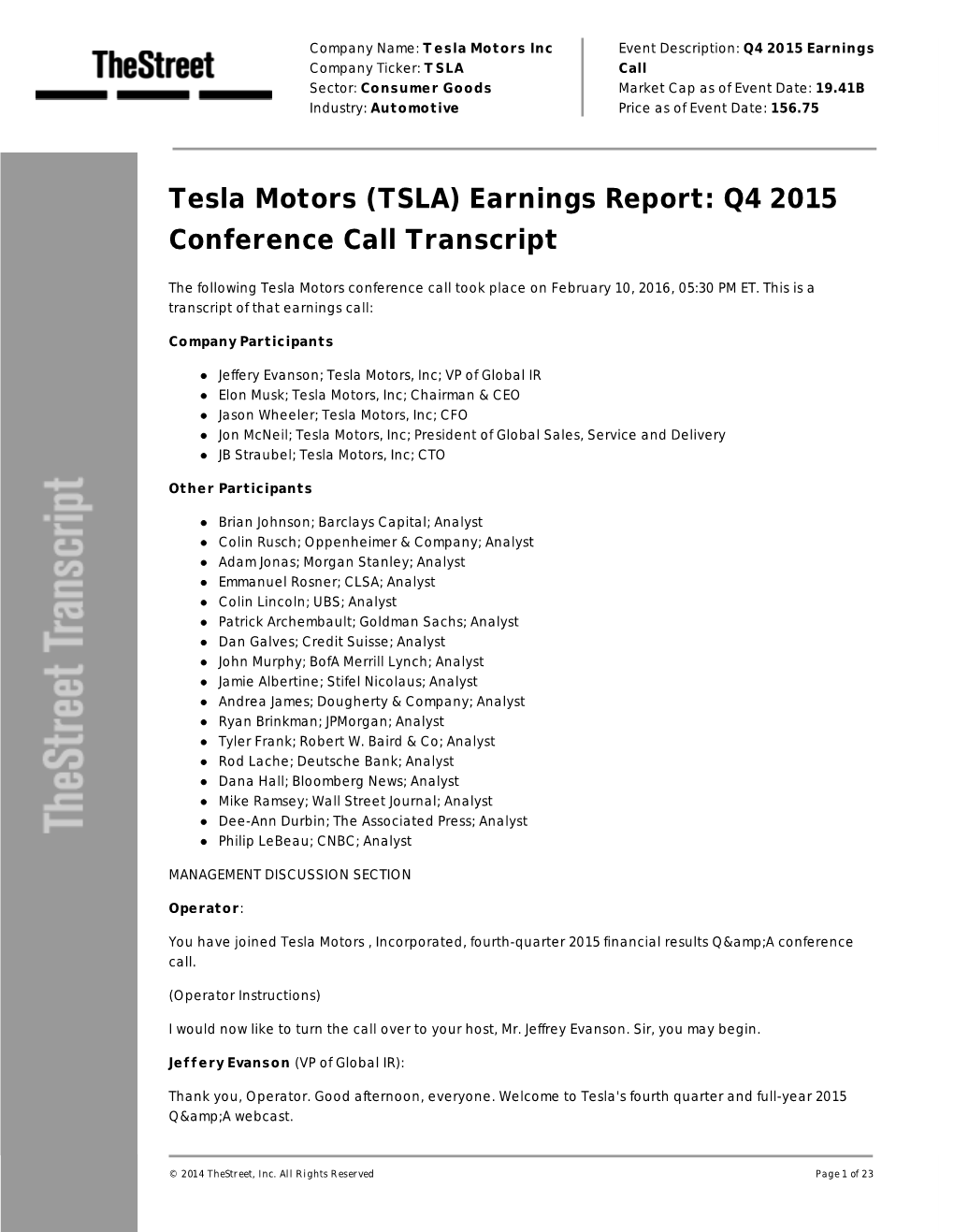 Tesla Motors (TSLA) Earnings Report: Q4 2015 Conference Call Transcript