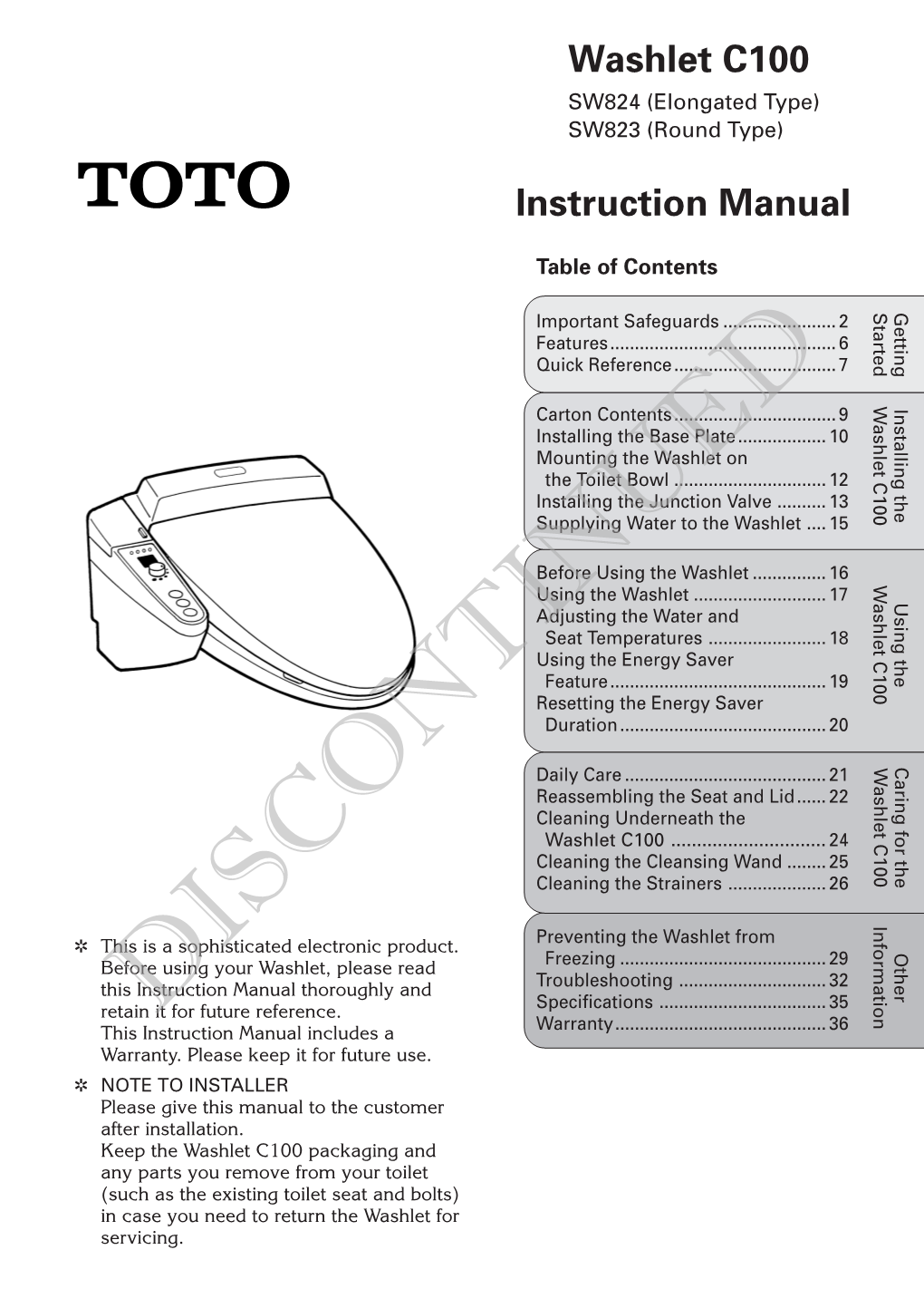 Washlet C100 Instruction Manual
