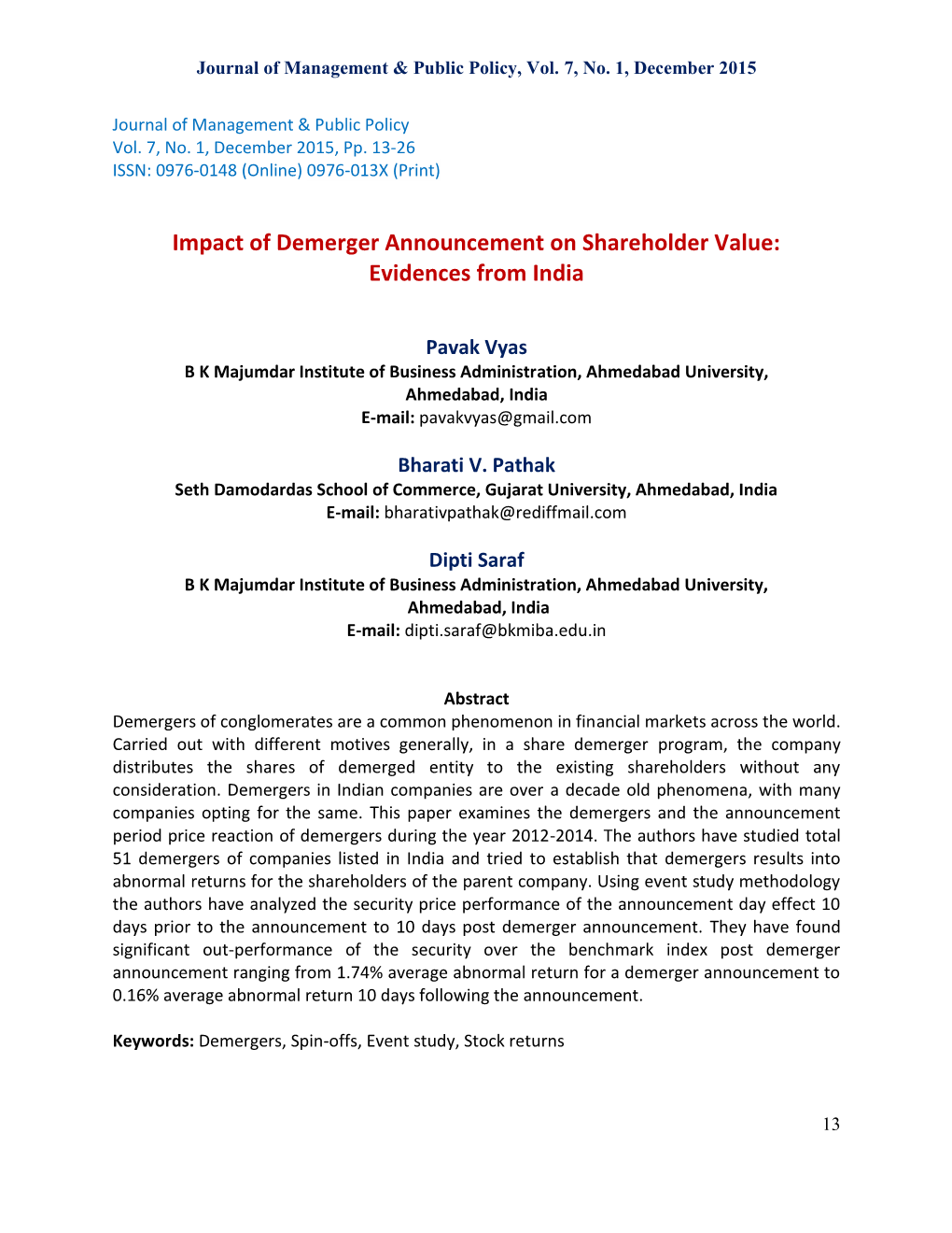 Impact of Demerger Announcement on Shareholder Value: Evidences from India