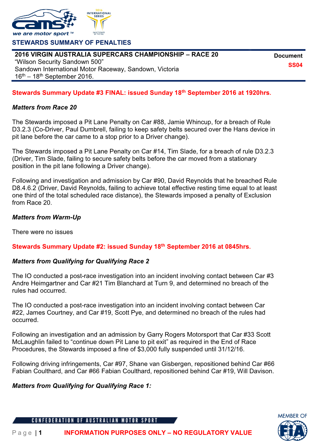 STEWARDS SUMMARY of PENALTIES Page | 1 INFORMATION