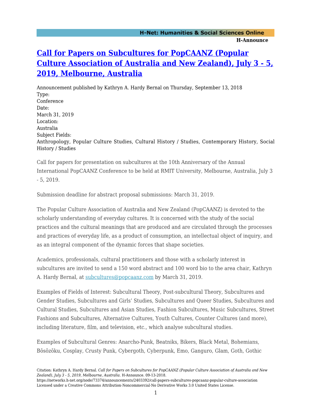 Call for Papers on Subcultures for Popcaanz (Popular Culture Association of Australia and New Zealand), July 3 - 5, 2019, Melbourne, Australia