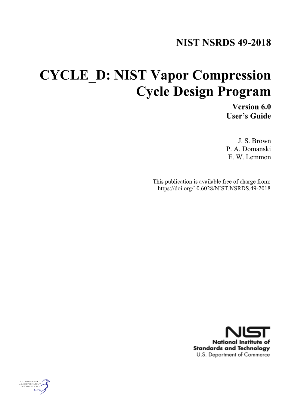 CYCLE D: NIST Vapor Compression Cycle Design Program Version 6.0 User’S Guide