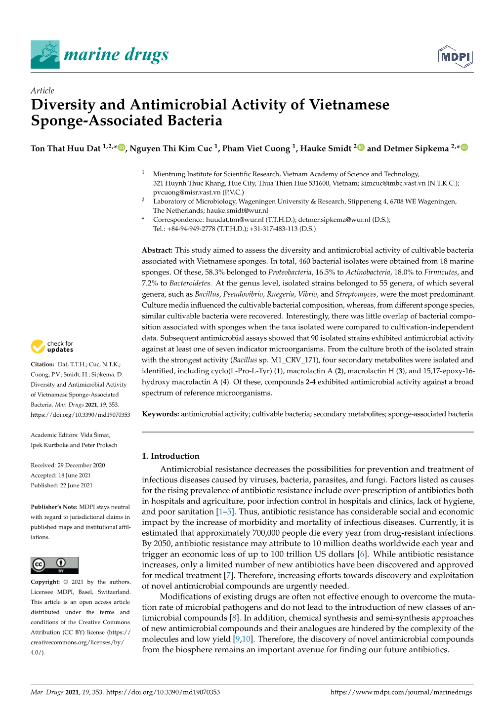 Diversity and Antimicrobial Activity of Vietnamese Sponge-Associated Bacteria