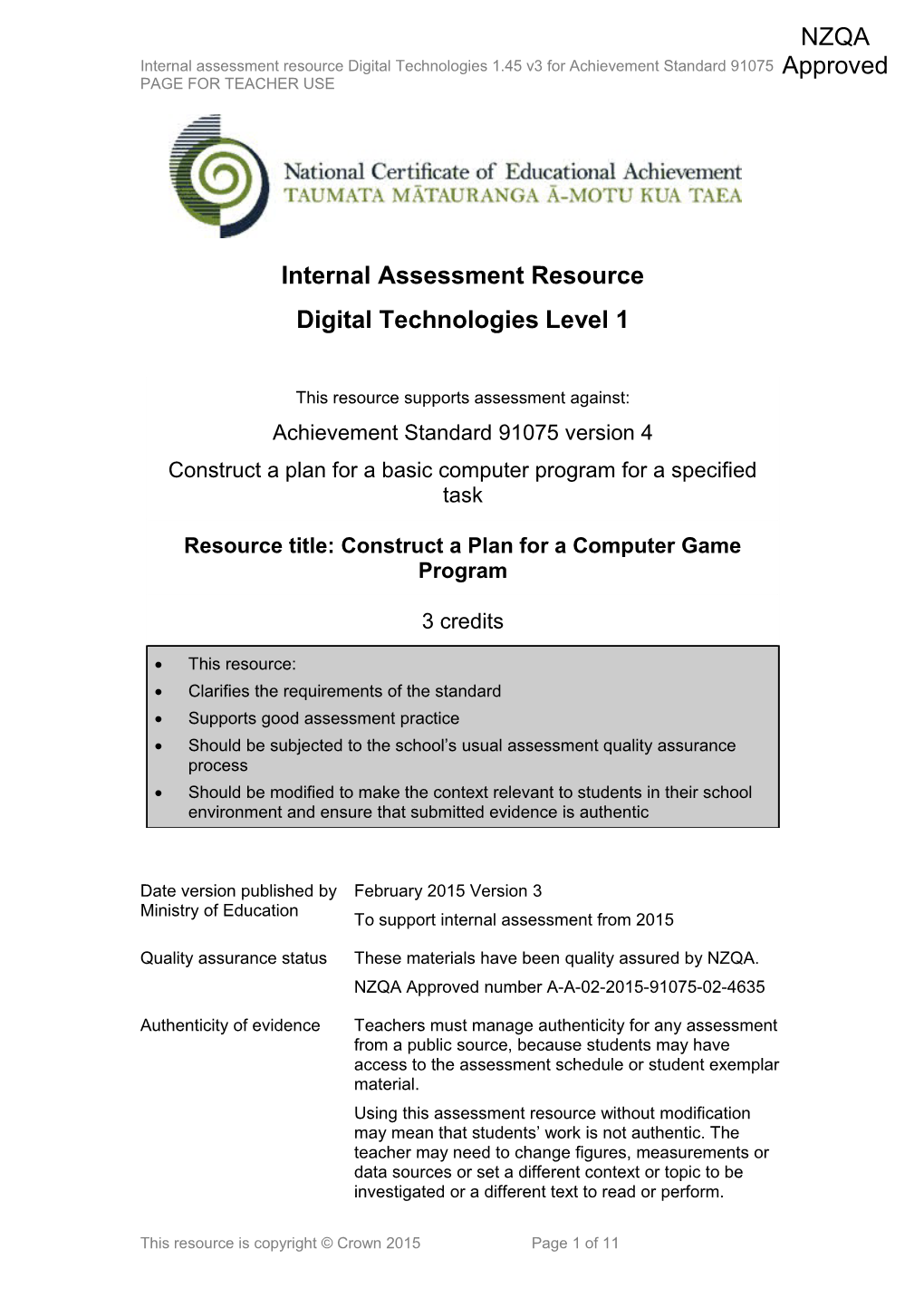 Level 1 Digital Technologies Internal Assessment Resource