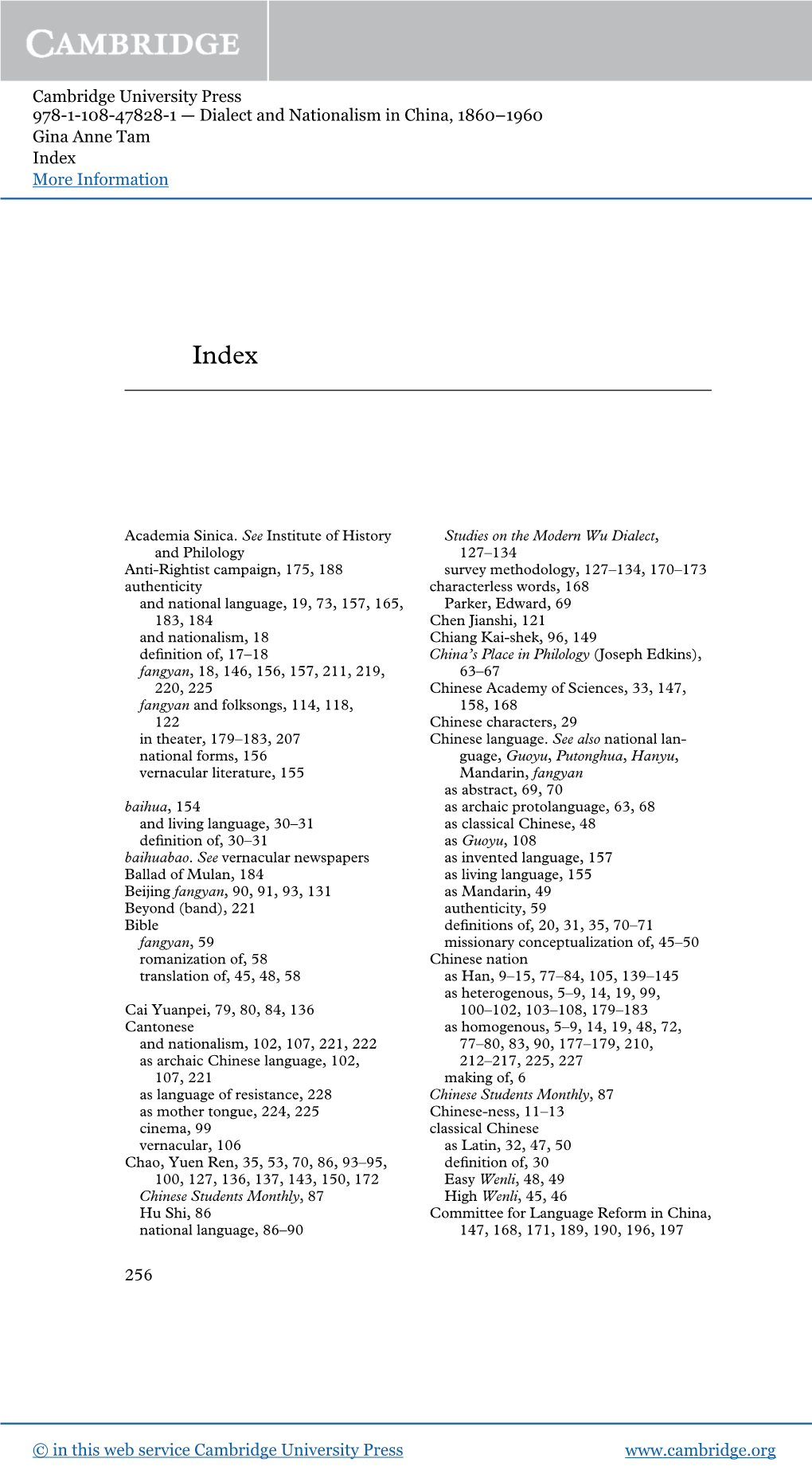 Cambridge University Press 978-1-108-47828-1 — Dialect and Nationalism in China, 1860–1960 Gina Anne Tam Index More Information