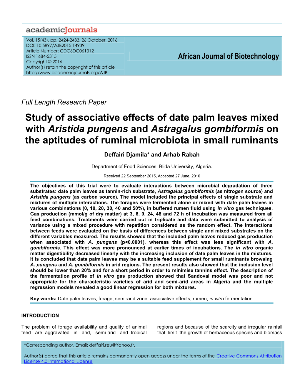 Study of Associative Effects of Date Palm Leaves Mixed with Aristida Pungens and Astragalus Gombiformis on the Aptitudes of Ruminal Microbiota in Small Ruminants