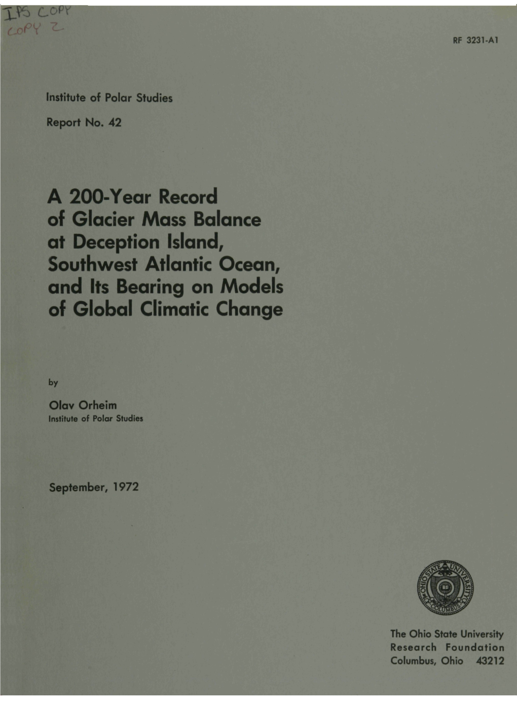 A 200-Year Record of Glacier Mass Balance at Deception Island, Southwest Atlantic Ocean, and Its Bearing on Models of Global Climatic Change