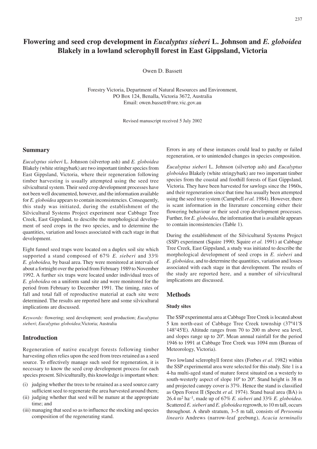 Flowering and Seed Crop Development in Eucalyptus Sieberi L. Johnson and E