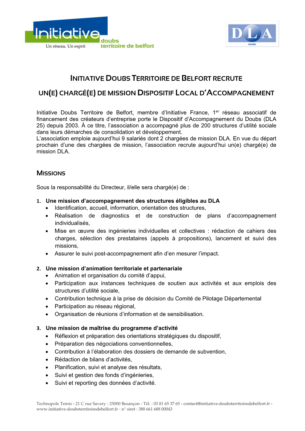 Initiative Doubs Territoire De Belfort Recrute Un(E