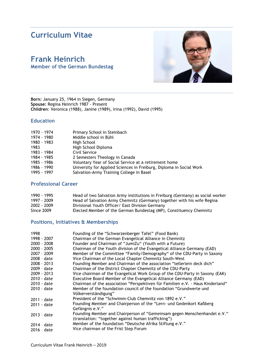 Curriculum Vitae Frank Heinrich – 2019 Parliamentary Functions – 19Th Legislature