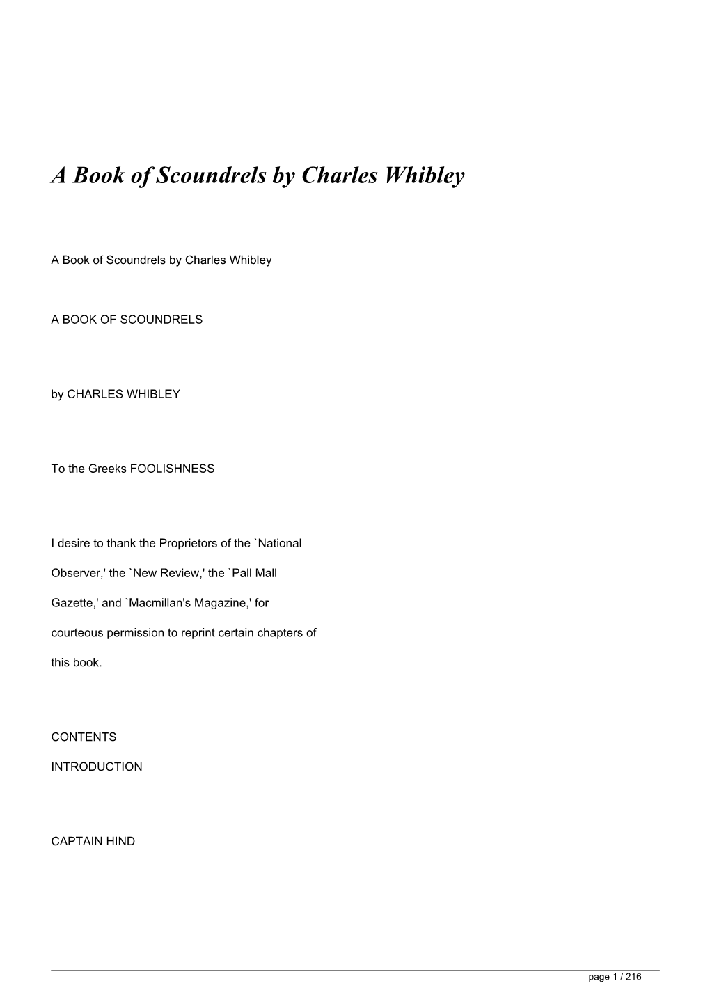 A Book of Scoundrels by Charles Whibley</H1>