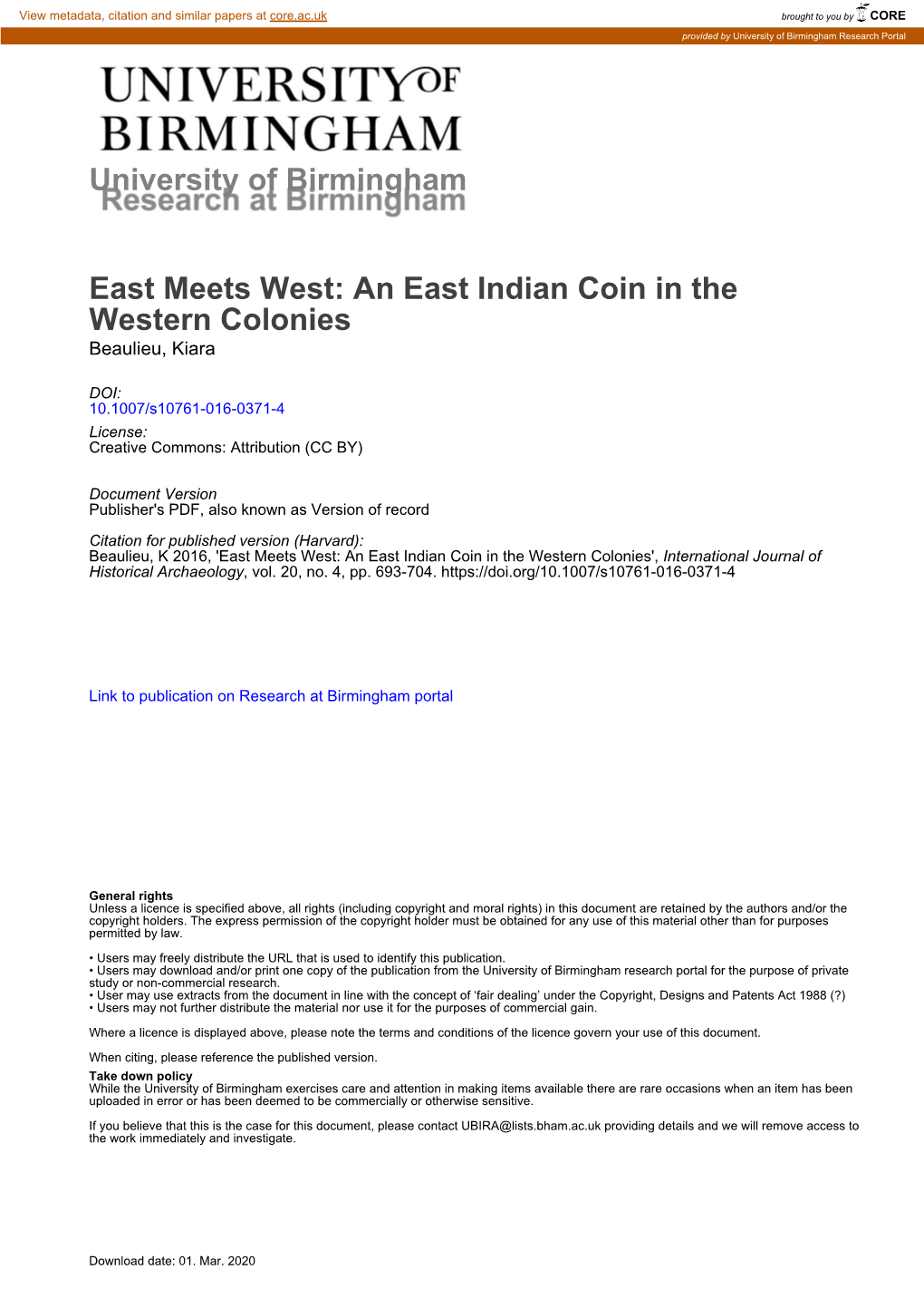 An East Indian Coin in the Western Colonies Beaulieu, Kiara