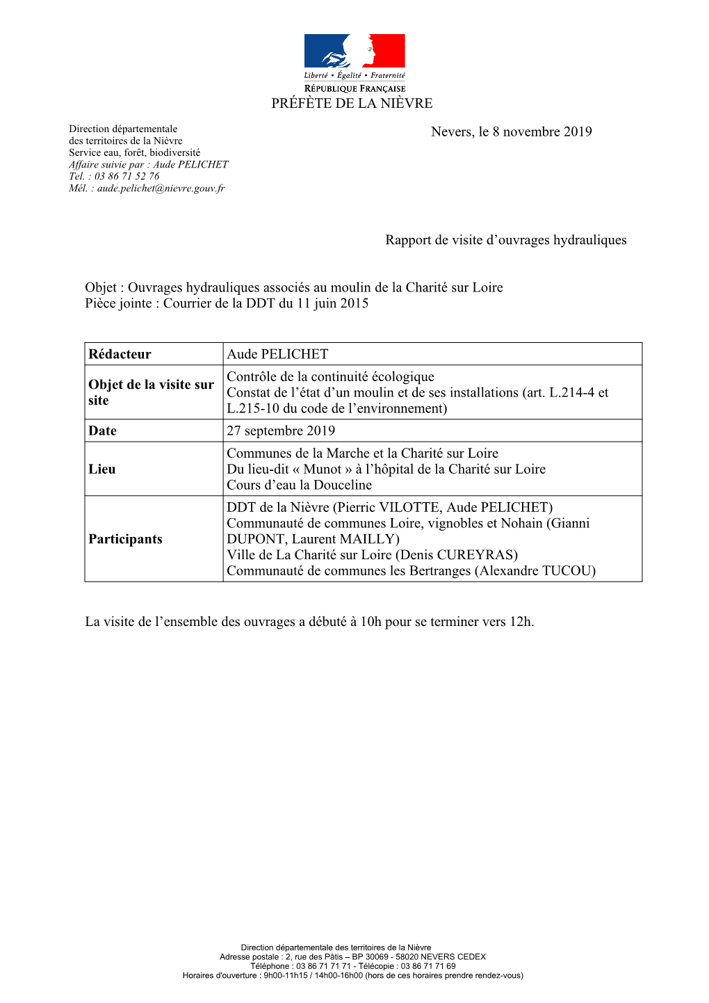 Ouvrages Hydrauliques Associés Au Moulin De La Charité Sur Loire Pièce Jointe : Courrier De La DDT Du 11 Juin 2015