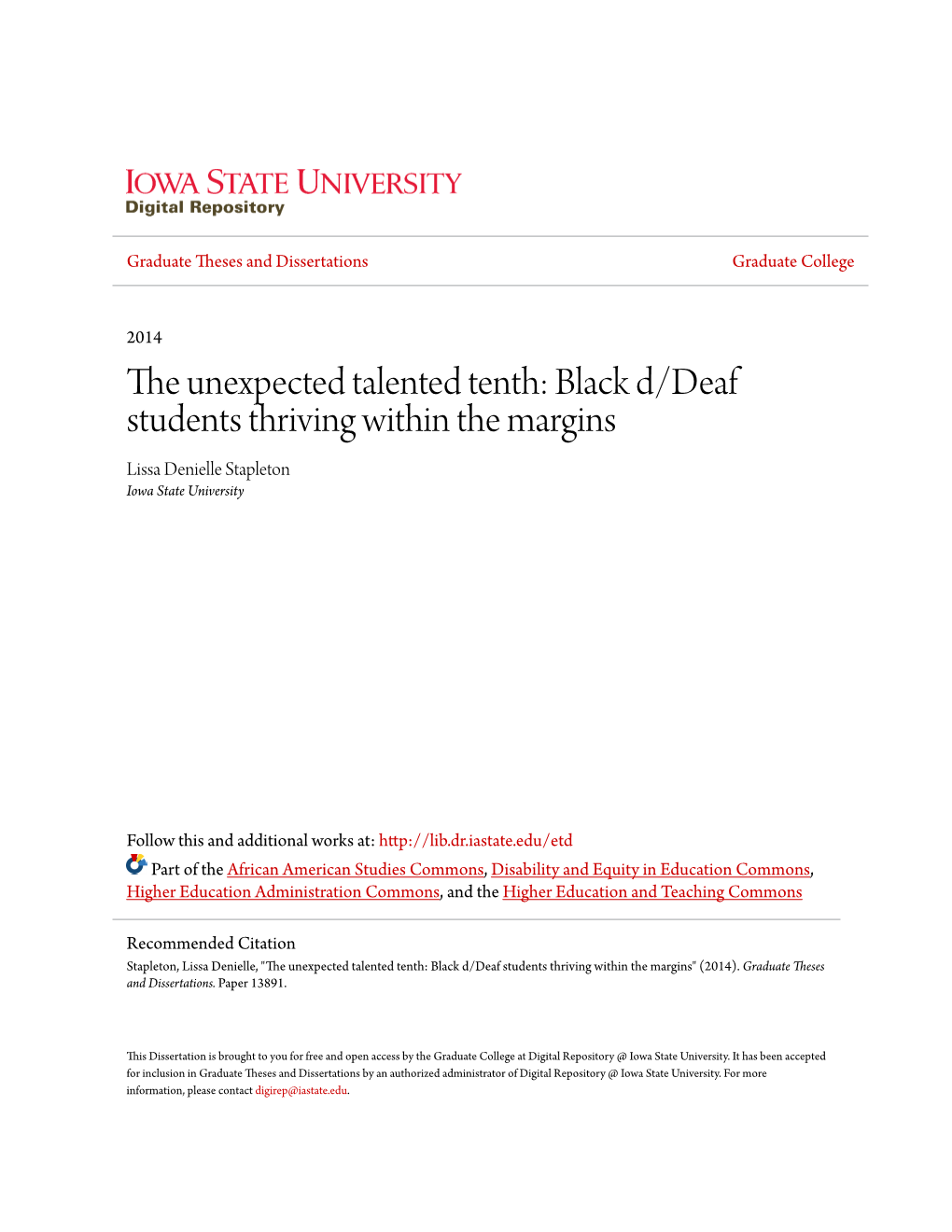 Black D/Deaf Students Thriving Within the Margins Lissa Denielle Stapleton Iowa State University