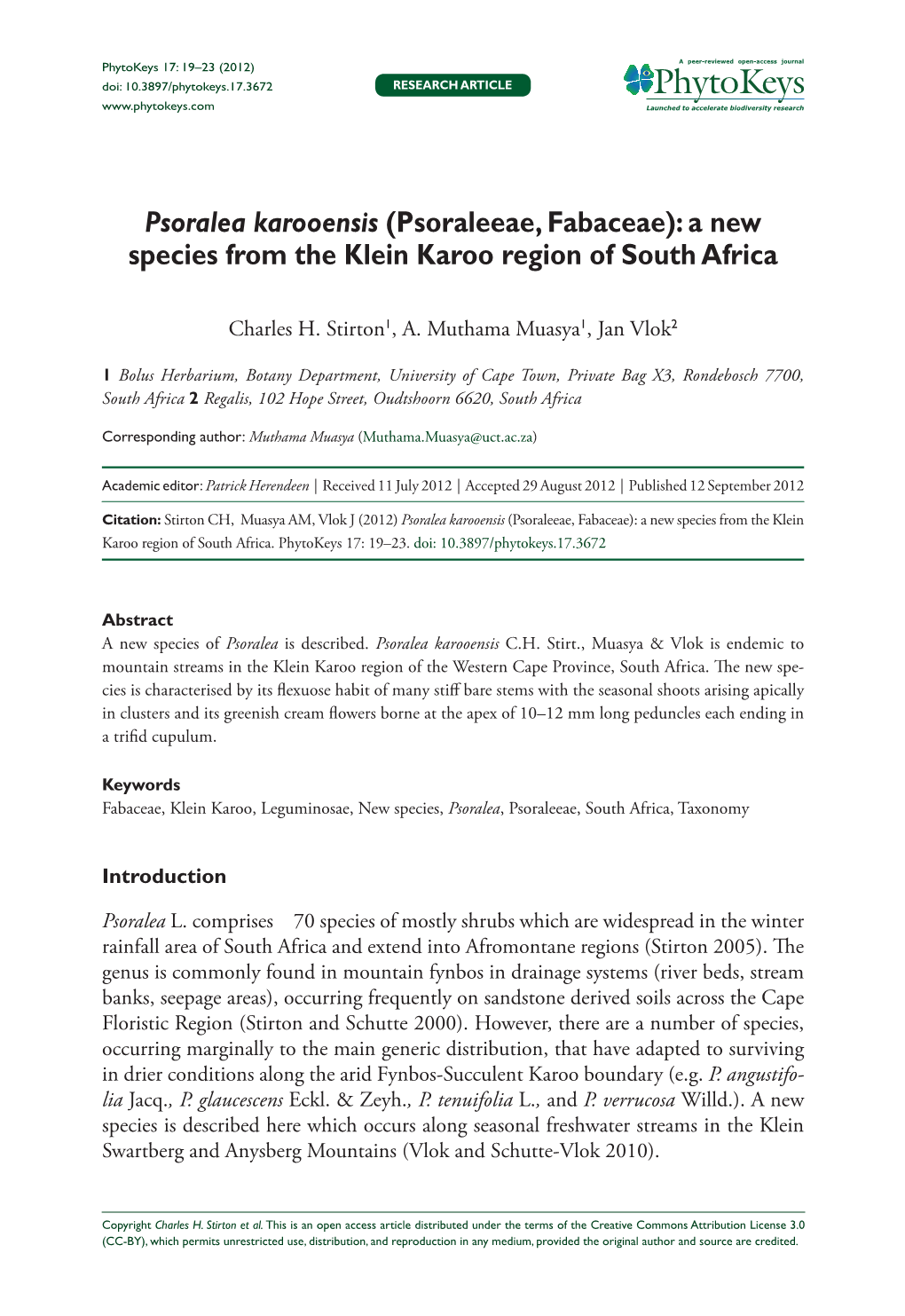 Psoralea Karooensis (Psoraleeae, Fabaceae): a New Species from the Klein Karoo Region of South Africa