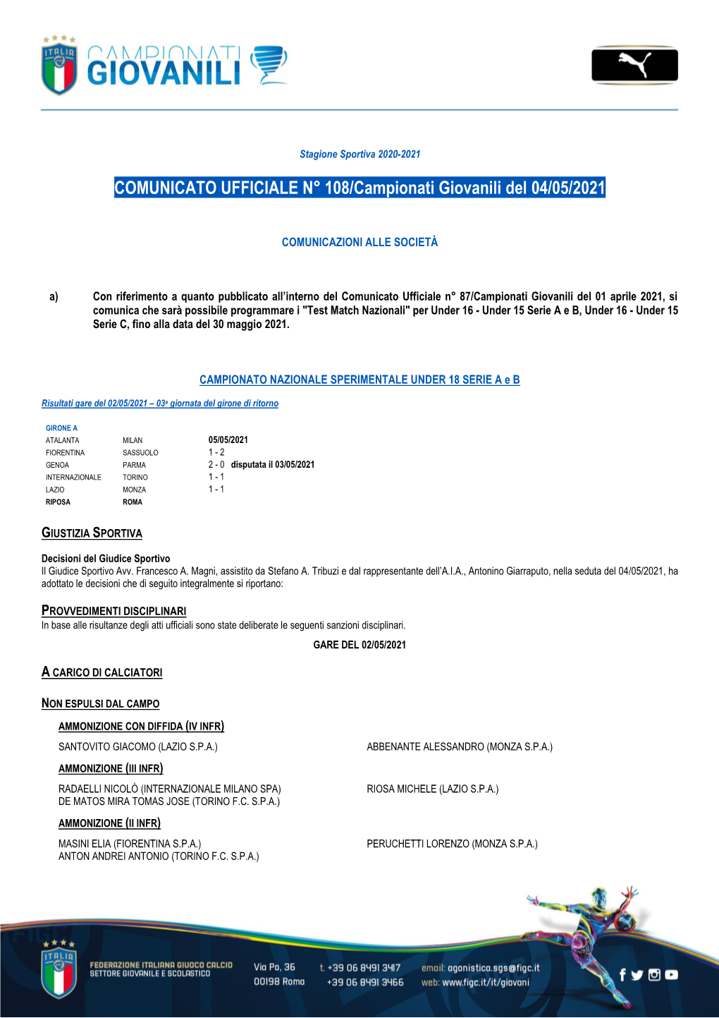 COMUNICATO UFFICIALE N° 108/Campionati Giovanili Del 04/05/2021