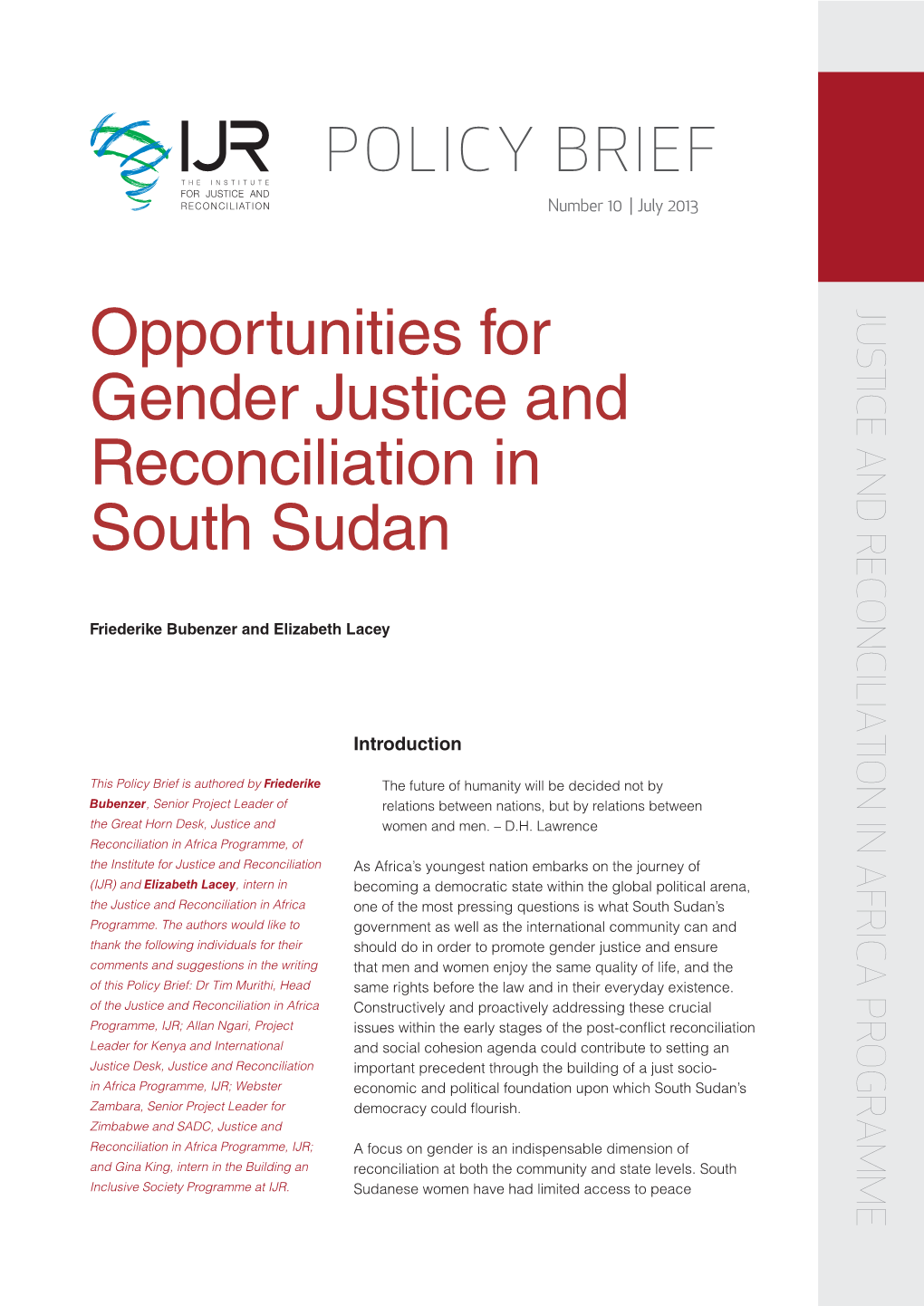 Opportunities for Gender Justice and Reconciliation in South Sudan