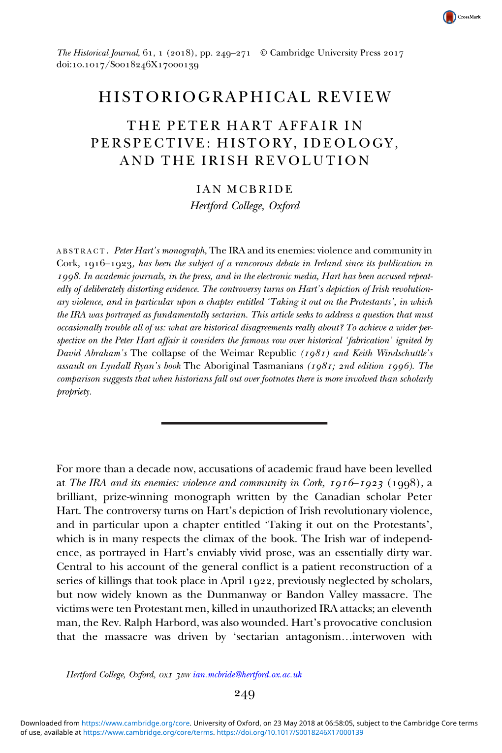 Historiographical Review the Peter Hart Affair in Perspective: History, Ideology, and the Irish Revolution