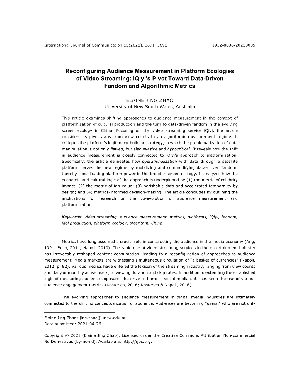 Reconfiguring Audience Measurement in Platform Ecologies of Video Streaming: Iqiyi’S Pivot Toward Data-Driven Fandom and Algorithmic Metrics
