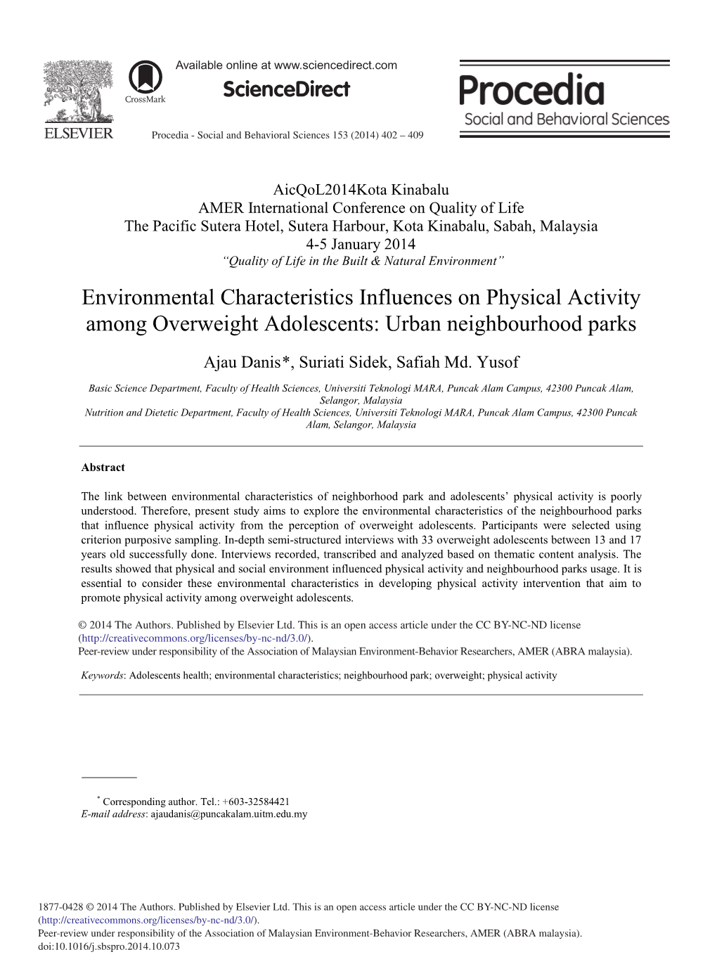 Environmental Characteristics Influences on Physical Activity Among Overweight Adolescents: Urban Neighbourhood Parks