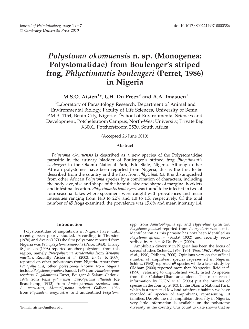 Polystoma Okomuensis N. Sp. (Monogenea: Polystomatidae) from Boulenger’S Striped Frog, Phlyctimantis Boulengeri (Perret, 1986) in Nigeria