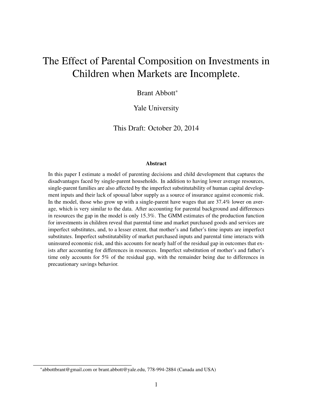 The Effect of Parental Composition on Investments in Children When Markets Are Incomplete
