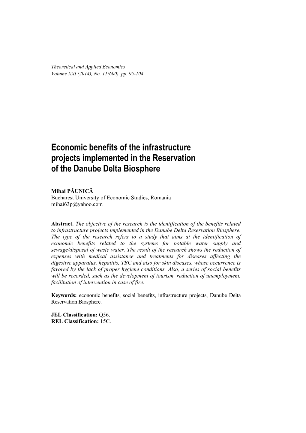 Economic Benefits of the Infrastructure Projects Implemented in the Reservation of the Danube Delta Biosphere