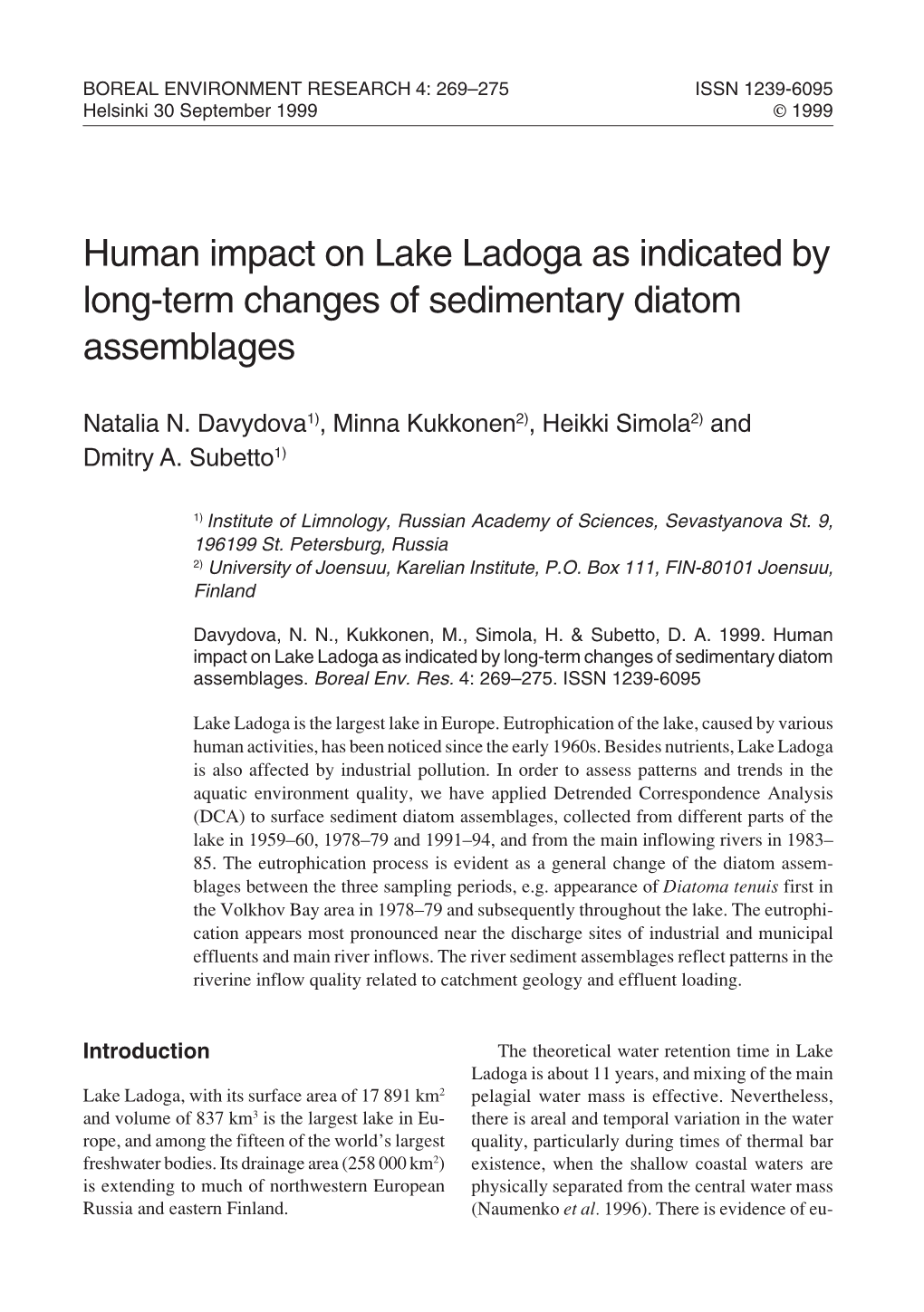 Human Impact on Lake Ladoga As Indicated by Long-Term Changes of Sedimentary Diatom Assemblages