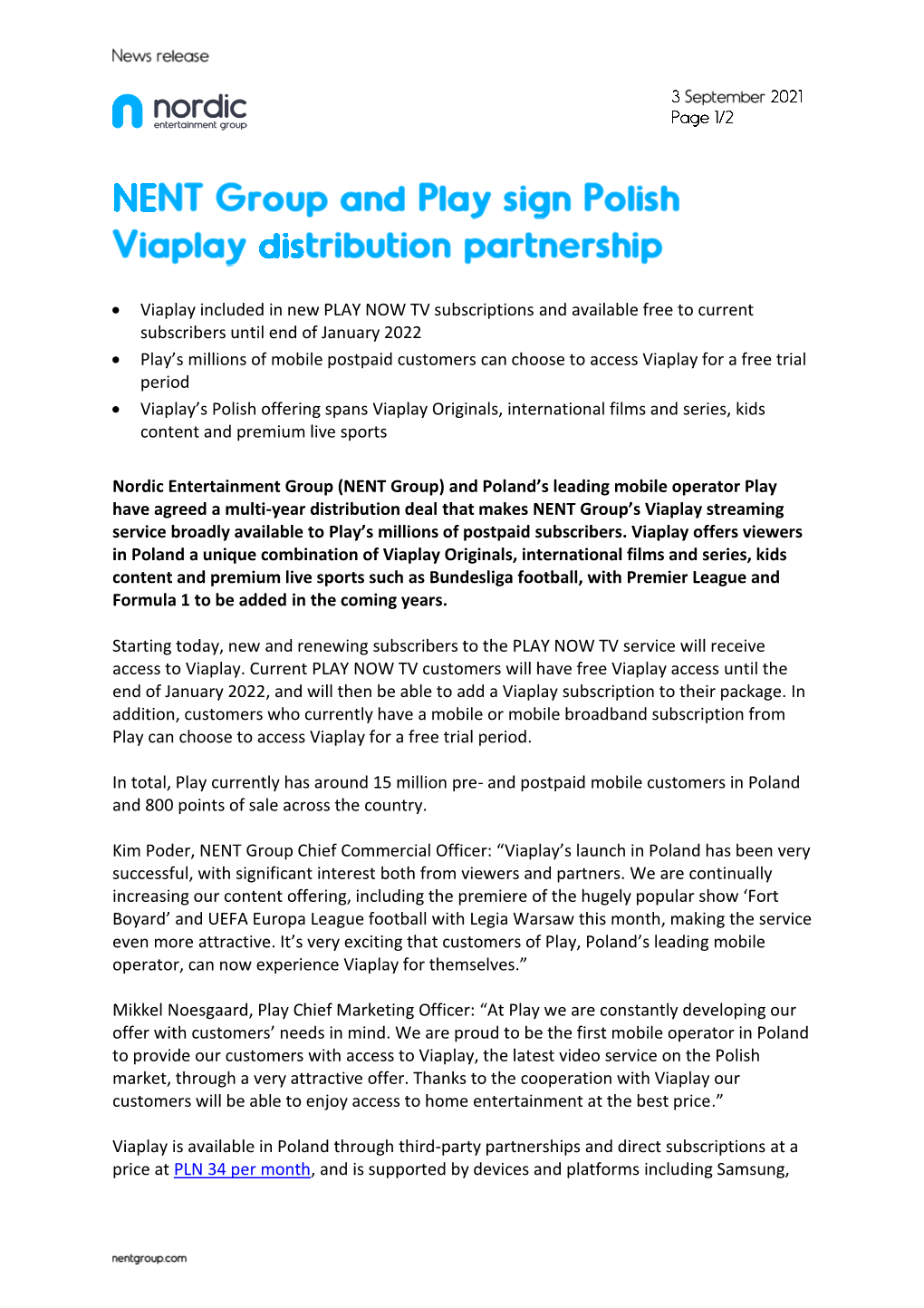 • Viaplay Included in New PLAY NOW TV Subscriptions and Available Free