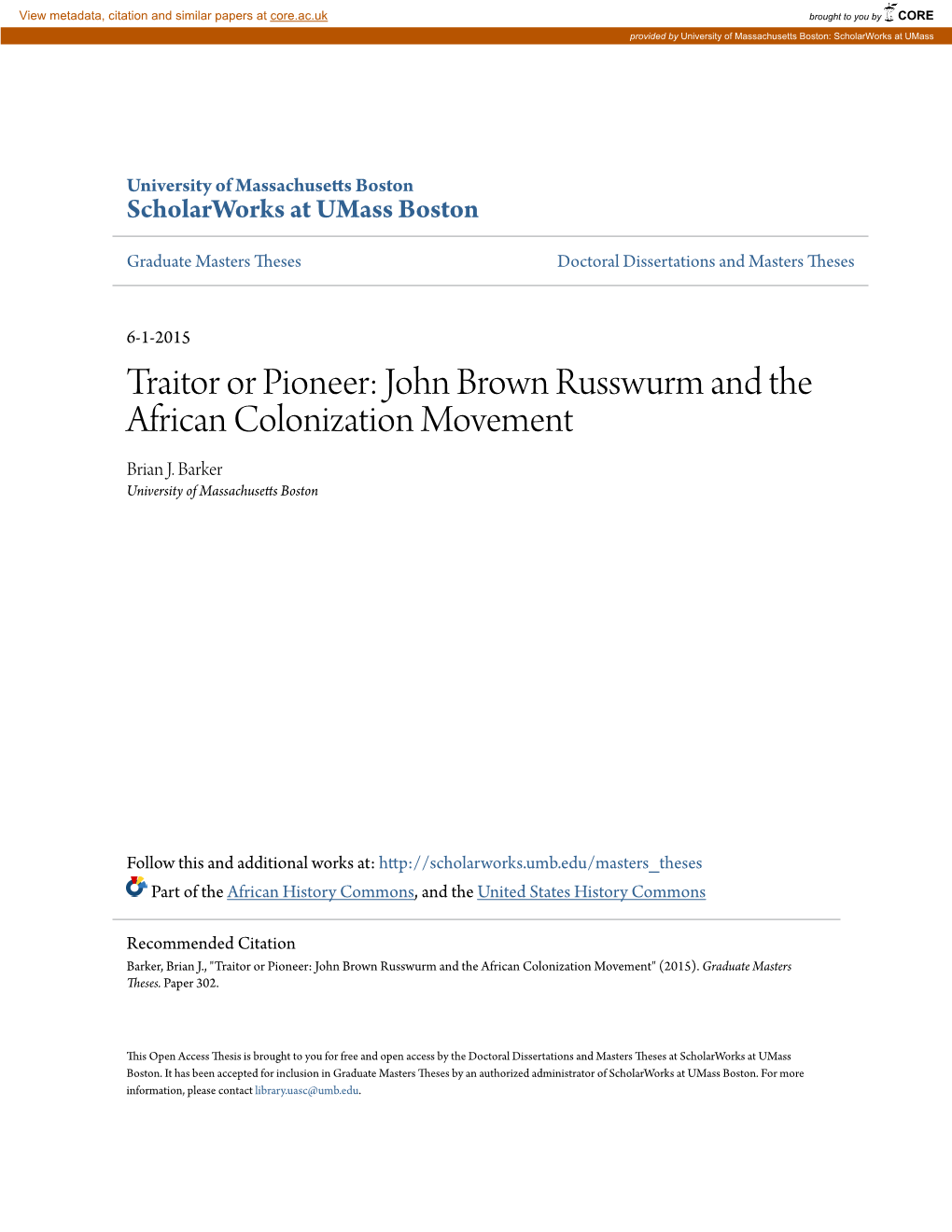 John Brown Russwurm and the African Colonization Movement Brian J