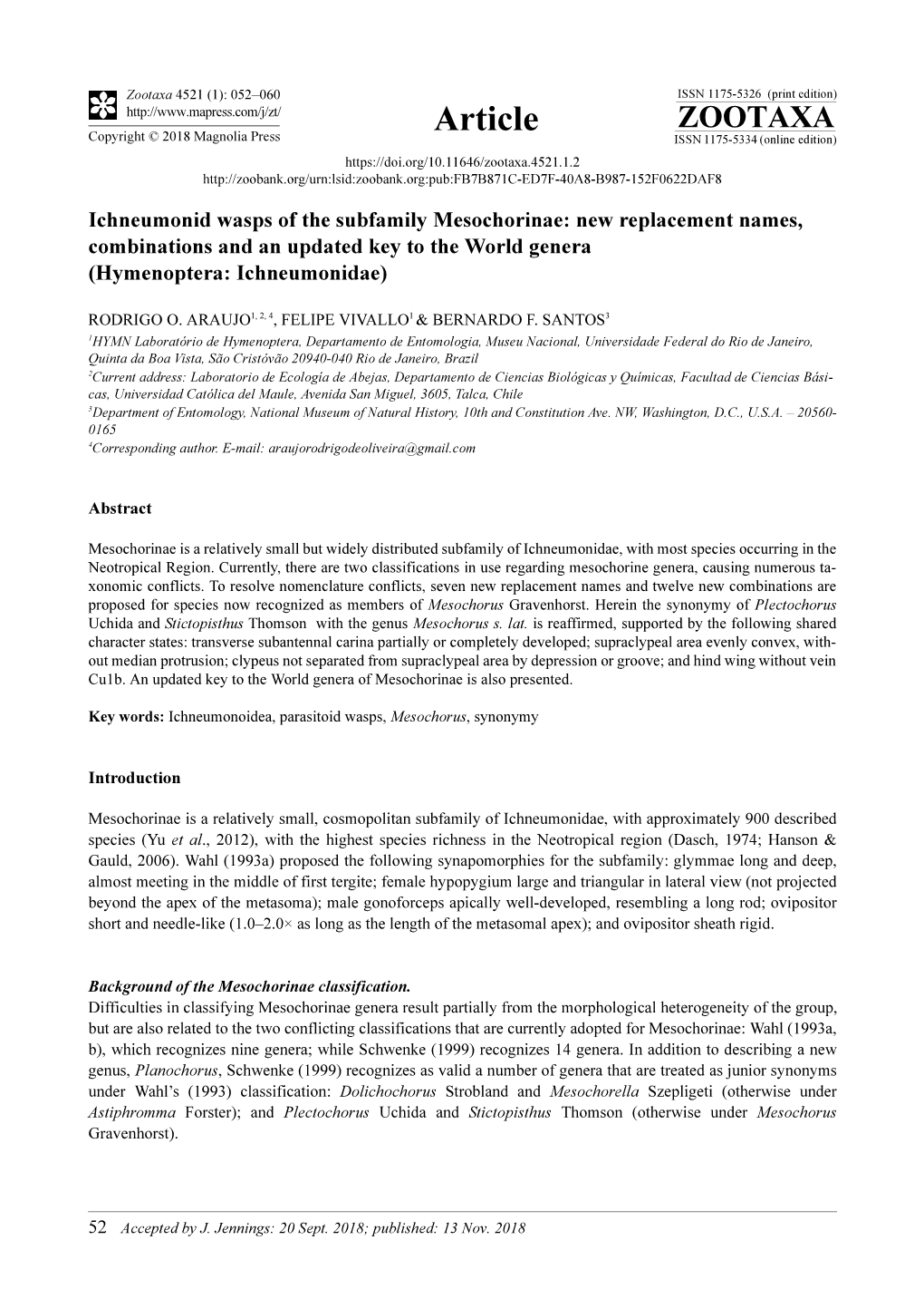 Ichneumonid Wasps of the Subfamily Mesochorinae: New Replacement Names, Combinations and an Updated Key to the World Genera (Hymenoptera: Ichneumonidae)